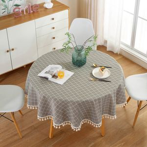 120 cm Quasten Tischdecke, Runde Tischdecke aus Polyester Baumwolle, für Esstisch, Couchtisch, Gartentisch (Graues Karomuster)