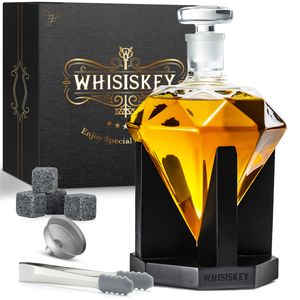 Whisiskey - Whisky Karaffe - Diamant - Whiskey Set - 900ML – Inkl. 4 Edelstahle Whisky Steine Edelstahle& Ausgießer - Geschenke für Männer - Whisky Dekanter - Geschenke für Männer - Whiskygläser
