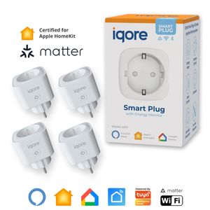 4x iqore Matter Intelligente WLAN Steckdose für Apple Homekit mit Strommessung und Sprachsteuerung, Timer, SmartLife App, Smart Plug, Alexa & Google