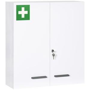 kleankin lékárnička, dvoudveřová lékárnička se 6 policemi, nástěnná lékárnička, uzamykatelná lékárnička, lékárnička, ocel, bílá, 55 x 18 x 60 cm