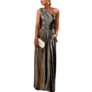 Damen Cocktailkleider Partykleid Ärmelloses Langer Maxikleider Elegantes Ein Schulter Kleid Silber,Größe:EU