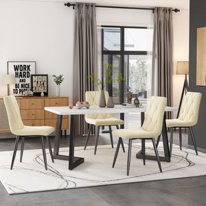 Flieks Sitzgruppe Essgruppe 5-tlg, Esstisch mit 4 Stühlen, Küchentischset Polsterstühle mit Samtbezug, Rechteckig Esstisch mit Schwarzen Metallbeinen, Beige