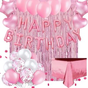 Rosa Geburtstagsdeko für Mädchen mit Happy Birthday Girlande, Luftballons,Latex Ballons,Glitzer Vorhang,Rosa Kindergeburtstags Deko