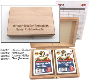 Doppelkopf Box Leinen, Holzkassette mit individueller Gravur, 2 Doppelkopf Kartenspiele, Geschenk - Idee