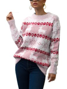 Frauen Weihnachten Hirsch Print Pullover Casual Stripe Pullover Pullover Tops,Farbe: Rosa,Größe:L