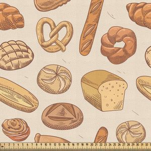 ABAKUHAUS Bäckerei Gewebe als Meterware, Verschiedene Brot und Brötchen Arten in verschiedenen Formen, 5 M (148 x 500 cm), Dunkler Peach Sand Brown