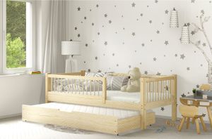 AXEL BIS2 Kinderbett mit Schutzgittern Kiefer Holzbett Schublade mit Schlaffunktion Naturholz 100x200
