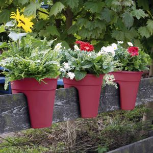 Blumenkasten mit Halterung Flowerclip für Geländer 3er Set - Pflanzkasten für Balkongeländer - Recycelter Kunststoff, Farbe:Brombeere
