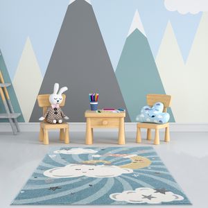 Teppich Kinderzimmer - Blau - Mond Sterne Wolken - Flachflor - Kinderteppich Spielteppich , Größen:80 x 150 cm