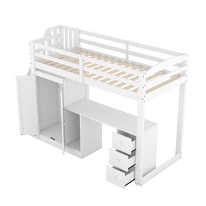 Merax Loft Bed 90x200cm se skříní a psacím stolem, schody a zásuvky, Patrová postel na hraní Dětská postel Bílá dřevěná borovice