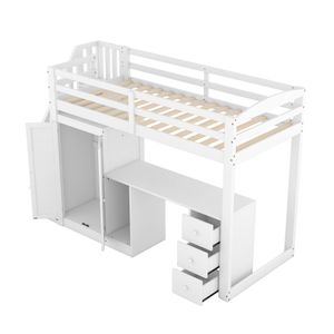 Merax Hochbett 90x200cm mit Kleiderschrank und Schreibtisch, Treppe und Schubladen, Etagenbett Spielbett Kinderbett Weiß Holz Kiefer