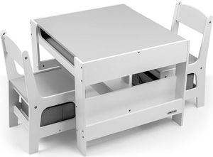 MILLY MALLY Möbelset - Tisch und Zwei Stühle Sven White Kindermöbel Set aus Holz, Kindertischgruppe Indoor mit Stauraum, Maltisch für Kleinkind Mädche
