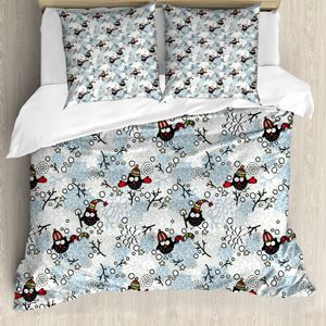 ABAKUHAUS Eulen Bettbezug, Winter Schnee Weihnachten Doodle, Milbensicher Allergiker geeignet mit Kissenbezügen, 155 cm x 220 cm - 80 x 80 cm, Mehrfarbig