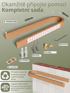 DEKAZIA® Držák na ručníky dřevo | držák na ručníky dubové dřevo | držák na ručníky bez vrtání z udržitelného dřeva | držák na ručníky k vrtání nebo lepení