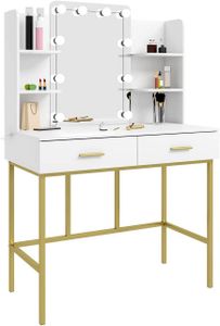 WOLTU Toaletný stolík so zrkadlom s LED osvetlením 2 zásuvky Kozmetický stolík do spálne Melamínová doska a kov Biela a zlatá