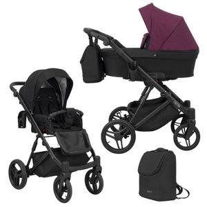 Kinderwagen LAZZIO Sportwagen Babywagen Babyschale Komplettset Kinder Wagen Set 2 in 1 (schwarz + weinrot, Rahmenfarbe: Schwarz)