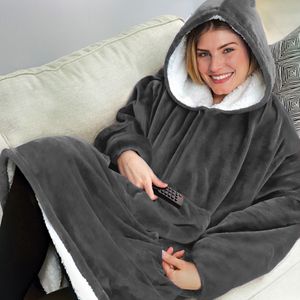 Doppellagige TV-Blanket mit Kapuze, Übergroße Baumwolle Fleece Kapuzenpullover, warmes Nachthemd(Grau)