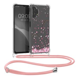 kwmobile Necklace Case kompatibel mit Samsung Galaxy A13 4G Hülle - Silikon Cover mit Handykette - Rosa Dunkelbraun Transparent Kirschblütenblätter
