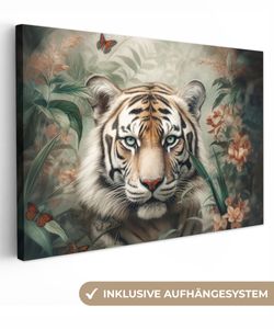OneMillionCanvasses® - Leinwandbilder - 120x80 cm, Tiger - Schmetterlinge - Tiere - Dschungel - Blumen, Wandbilder Kunstdruck Wanddekoration - Foto auf Leinwand - Gemälde auf - Wanddekorationen - Wohnzimmer