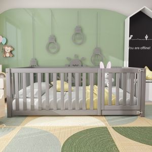 Kinderbett Holzboden Grau 140x200cm (Ohne Matratze) Bettrahmen mit Zaun und Tür