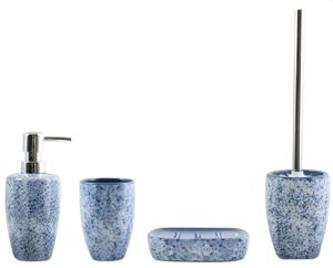 MSV Badezimmer Set, 4-teiliges Badzubehör aus Keramik Carrare, Seifenspender, WC Bürste, Seifenschale und Zahnputzbecher Blau