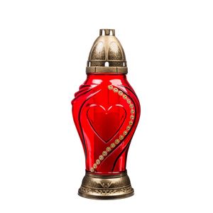 Grablicht-Glas mit Herz-Motiv und Kerze - rot/gold - Höhe 31 cm - Brenndauer 42 h