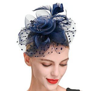 Perlen Dekor Dot Print Metall Clip Fascinator Hut Mesh Blume Feder Dekor Party Kopfbedeckung Haarschmuck-Marineblau