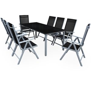 CASARIA® Gartenmöbel Set 8 Stühle mit Tisch 190x90cm Aluminium Sicherheitsglas Wetterfest Klappbar Modern Terrasse Balkon Möbel Sitzgruppe Garnitur Bern, Farbe:silber