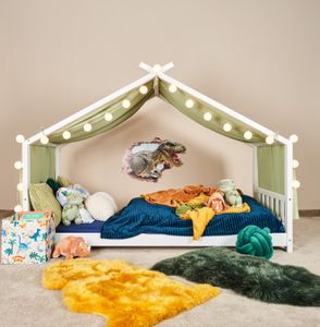 Alavya Home® 3 tlg.Kinder-Betthimmel Moon Kinderzimmer Deko-Set 110x360 cm Musselin Baldachin Bio-Baumwolle 100% GOTS-zertifizierter mit 2x LED-Baumwoll-Lichterkette für Hausbett Kinderbett Montessori Farbe: Khaki