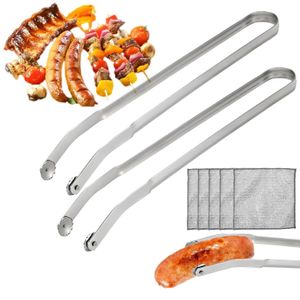 2Stk BBQ Grillzange Drehbar, Wurst Grillzange Edelstahl mit Rädchen langem Griff,Mehrzweck Grillzange für draußen mit 5*Reinigungstuch