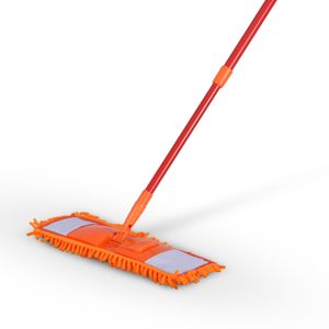 Bodenwischer Set ( Orange ) mit Chenille Bezug - Wischmopp mit Fußklick 360 Grad Gelenk für alle Ecken - Komfort Bodenreiniger Flachmopp Wischmopp