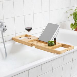 Navaris Bambus Badewannenablage ausziehbar - mit Buch iPad Stopper Handy Ablage Weinglas Halterung - Tablett für die Badewanne - aus Holz in Braun