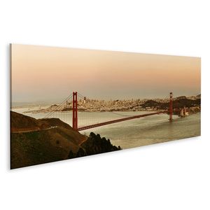 Bild Bilder auf Leinwand Golden Gate Bridge Panorama bei Sonnenuntergang in San Francisco als berühmtes Wahrzeichen Wandbild Poster Leinwandbild QBSU