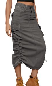ASKSA Dámské sukně Y2K Cargo Jeans Pencil Skirt High Waist Elegant Drawstring Midi sukně s kapsami, tmavě šedá, M