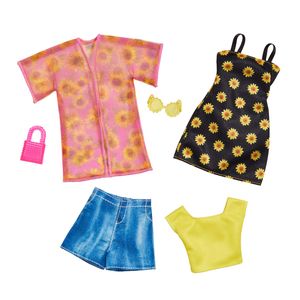 Mattel GWF04, HBV71 - Barbie Fashions 2er-Pack - Sunflower Dress & Jeans Short