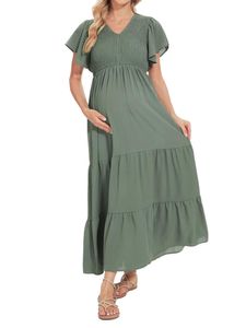 Damen Sommerkleider Plissiert Schwangerschaft Kleid Tunika Kleider Kurzarm Strandkleid Grün,Größe 2XL