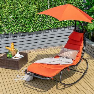 COSTWAY Hängeliege Schwebeliege mit Sonnenschirm und Auflage, Sonnenliege Relaxliege bis 150kg belastbar, Schaukelliege für Balkon, Pool, Garten (Orange)