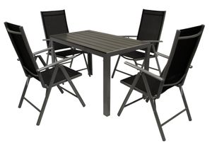 DEGAMO Gartenset Sitzgruppe Gartengarnitur SORANO 5-teilig, Aluminium + Polywood + Kunstgewebe schwarz, mit Tisch 70x125cm