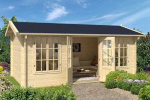 Lasita Maja  44 mm Gartenhaus aus Holz mit Satteldach Pembrokeshire 53, Schwedenrot, Schindel rechteckig schwarz