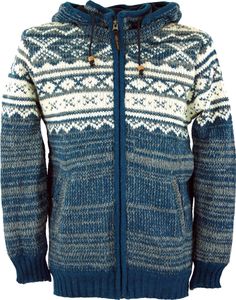 Strickjacke mit Norwegermuster, Wolljacke, Nepaljacke Blau - Modell 22, Herren, Wolle, Größe: L Strickjacke mit Norwegermuster, Wolljacke, Nepaljacke Blau - Modell 22, Herren, Wolle, Größe: L
