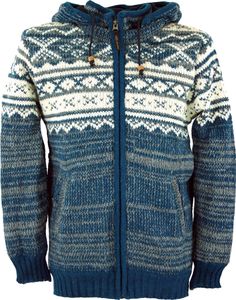 Strickjacke mit Norwegermuster, Wolljacke, Nepaljacke Blau - Modell 22, Herren, Wolle, Größe: L