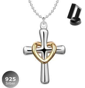 925 Silber Kreuz Gold Herz Anhänger Amulett Uni mit Halskette Damen