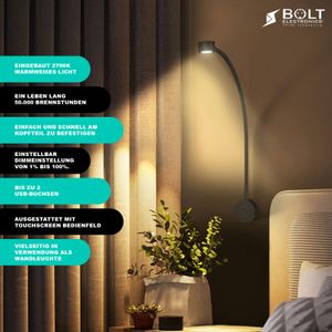 Bolt Electronics BLL1011 Leselampe Bett 2 Stück – Wandlampe mit 2 USB’s – Schwanenhals lampe Schlafzimmer mit Dimmfunktion – Nachtlicht – Schwarz
