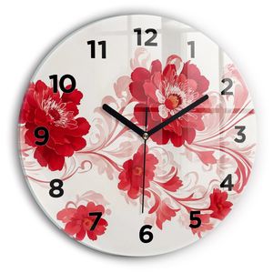 Wallfluent Wanduhr – Stilles Quarzuhrwerk - Uhr Dekoration Wohnzimmer Schlafzimmer Küche - Zifferblatt - schwarze Zeiger - 30 cm - Rote Blumen