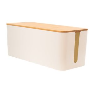 Intirilife Kabelbox mit Bambusdeckel in Weiß - 32 x 13.6 x 12.7 cm - Kabelmanagement Box, Organizer zum Verstecken von Kabeln und Steckdosenleisten