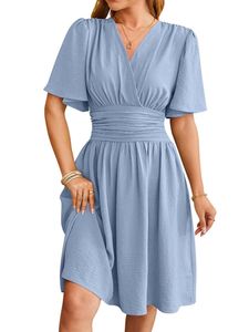 Damen Sommerkleider V-Ausschnitt Kleider Strandkleid Elegant Midikleid Freizeitkleider Hellblau,Größe XL