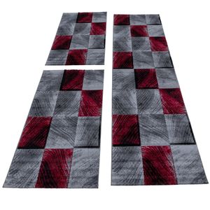 Kurzflor Läuferset Teppich 3-teilig Bettumrandung Karo Muster Rot Grau Meliert, Farbe:Rot, Bettset:2 mal 80x150 cm + 1 mal 80x300 cm