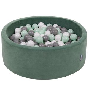 KiddyMoon rund bällebad velvet bällepool 90x30cm/300 bälle ∅ 7cm ballgruben für babys spielbad kleinkinder, hergestellt in der eu, waldgrün: weiß/grau/mint