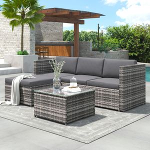 Merax Rattan Gartenmöbel, 5-tlg. Gartenlounge-Set mit Tisch, Fußhocker und Sofa, Balkonmöbel Sets 4 Sitzer, Gartenlounge Sets Terassenmöbel mit Kissen