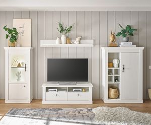 Wohnwand in Pinie weiß mit LED-Beleuchtung, 4-teilig, Landhaus-Stil - RAPLA-61